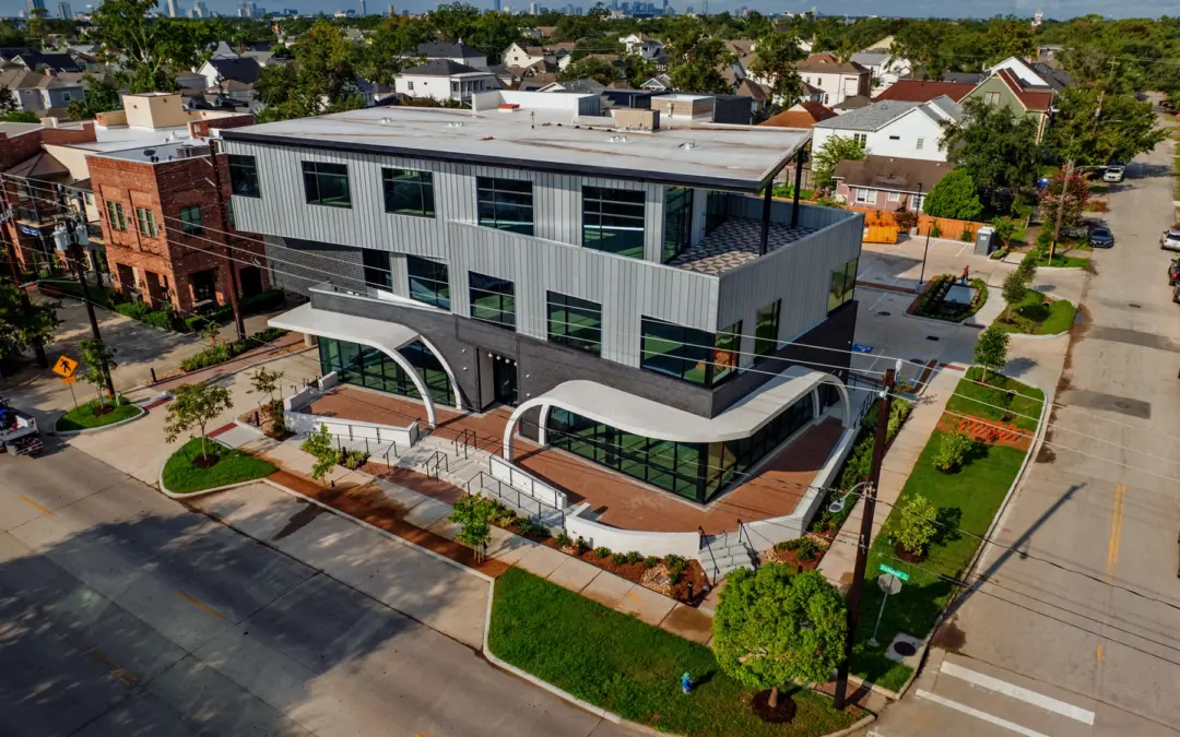 1023 Studewood, a modern mixed-use commercial building in The Heights, Houston, shown with the Houston, highlighting its prime location and professional appeal.