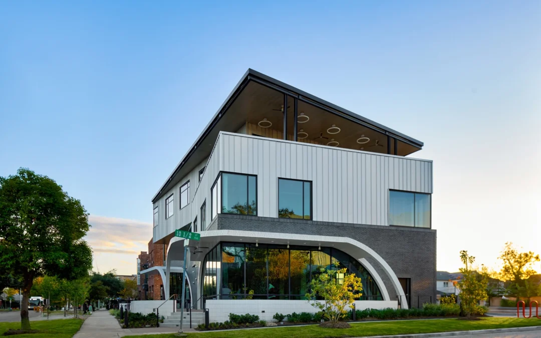 Exterior rear view of 1023 Studewood front patio, a modern mixed-use commercial building in The Heights, Houston TX featuring retail and office leasing opportunities with rooftop terrace and dedicated parking.